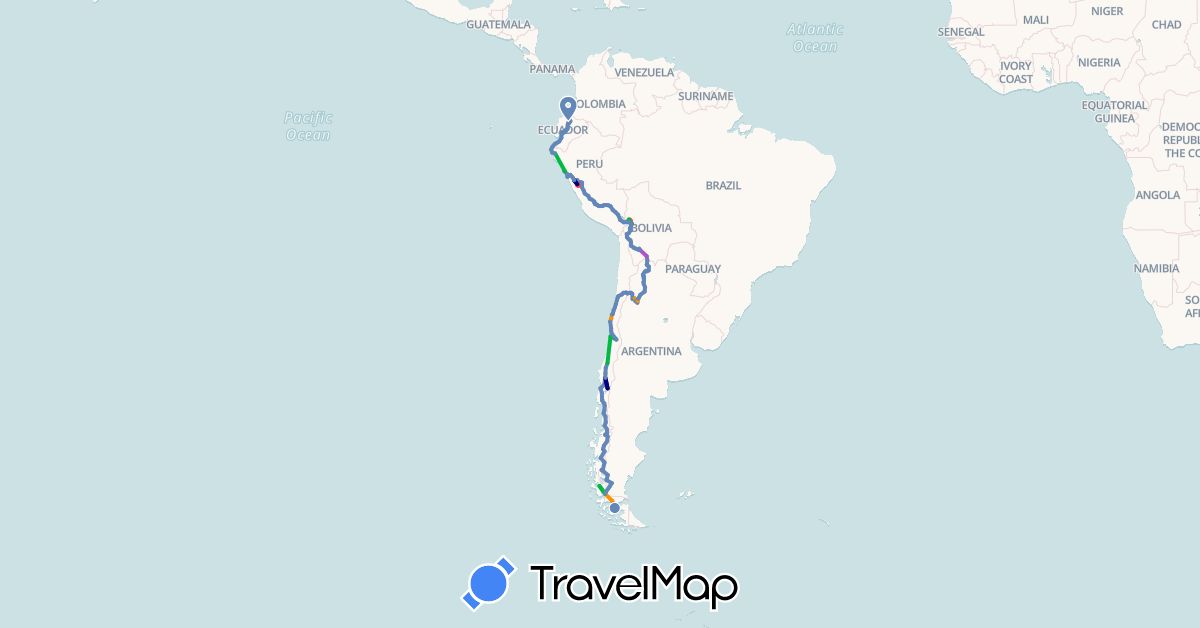 TravelMap itinerary: driving, bus, cycling, train, hiking, hitchhiking in Argentina, Bolivia, Chile, Ecuador, Peru (South America)
